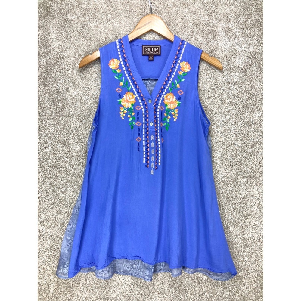 Cowgirl Up Embroidered Floral Tunic Top Women S Blue Sheer Lace Back Cottagecore